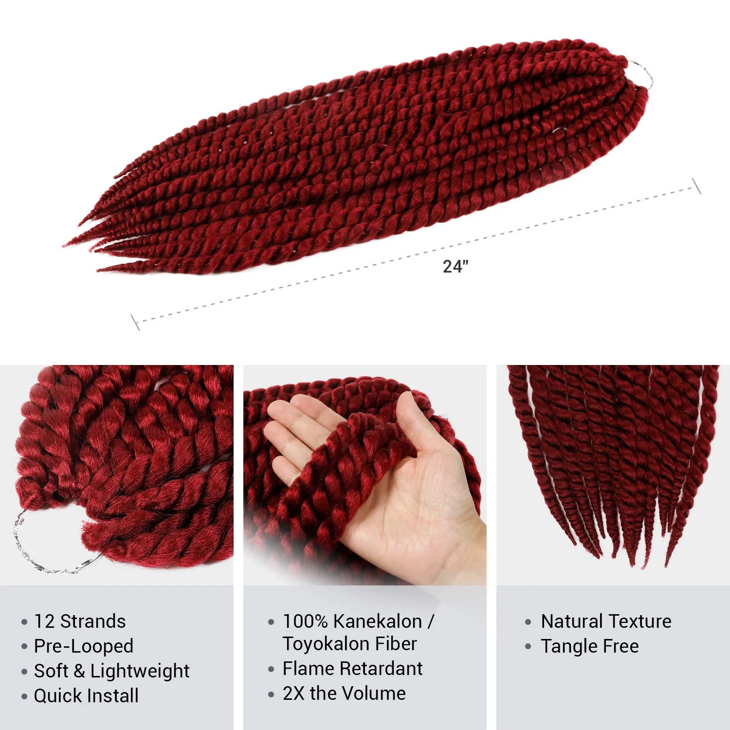 Jumbo Senegalese Twist Crochet Hair, 24 Inch, 8 Pack, Synthetic Extensions for Havana and Mambo Twist Styles, (BURG, Burgundy)
