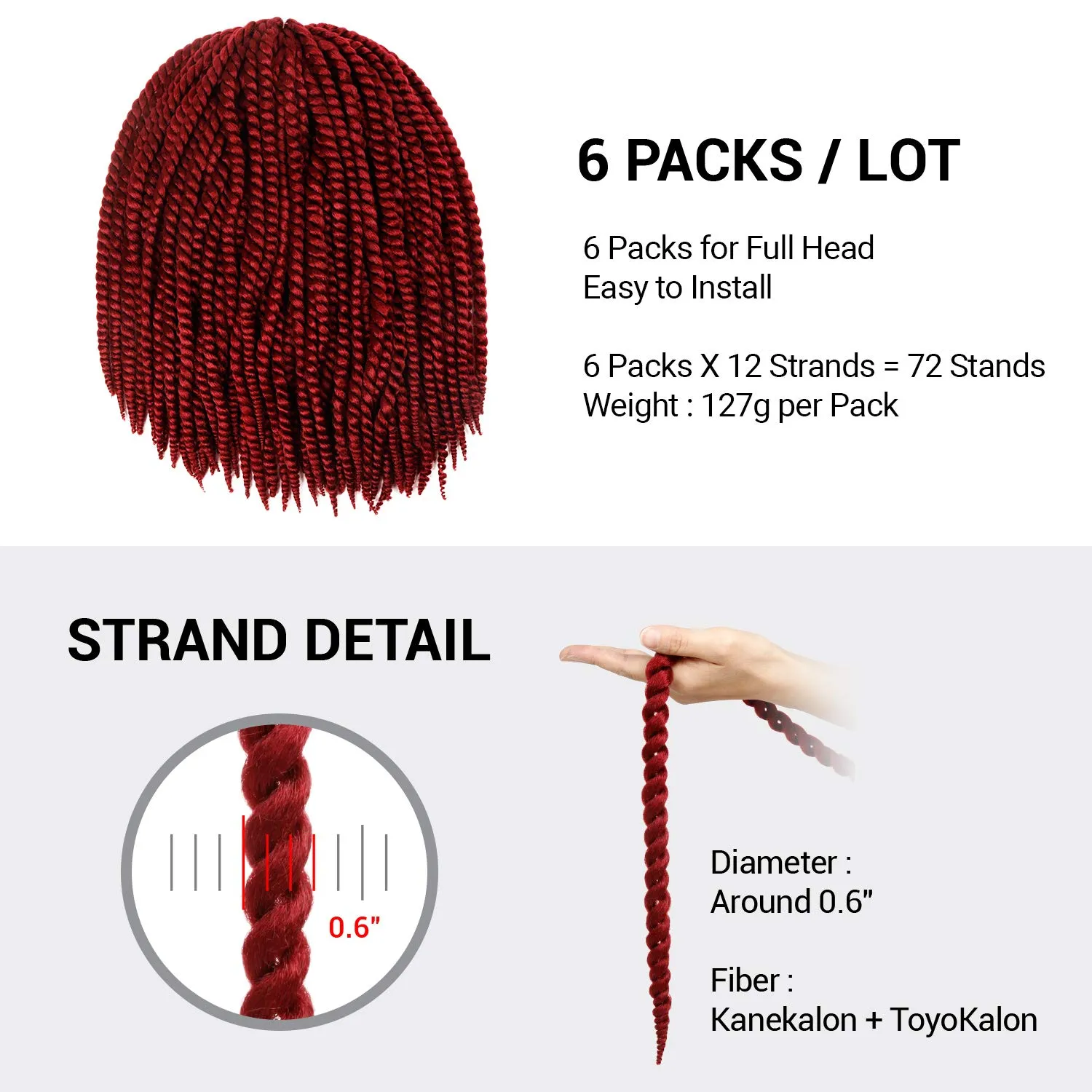 Jumbo Senegalese Twist Crochet Hair, 24 Inch, 8 Pack, Synthetic Extensions for Havana and Mambo Twist Styles, (BURG, Burgundy)