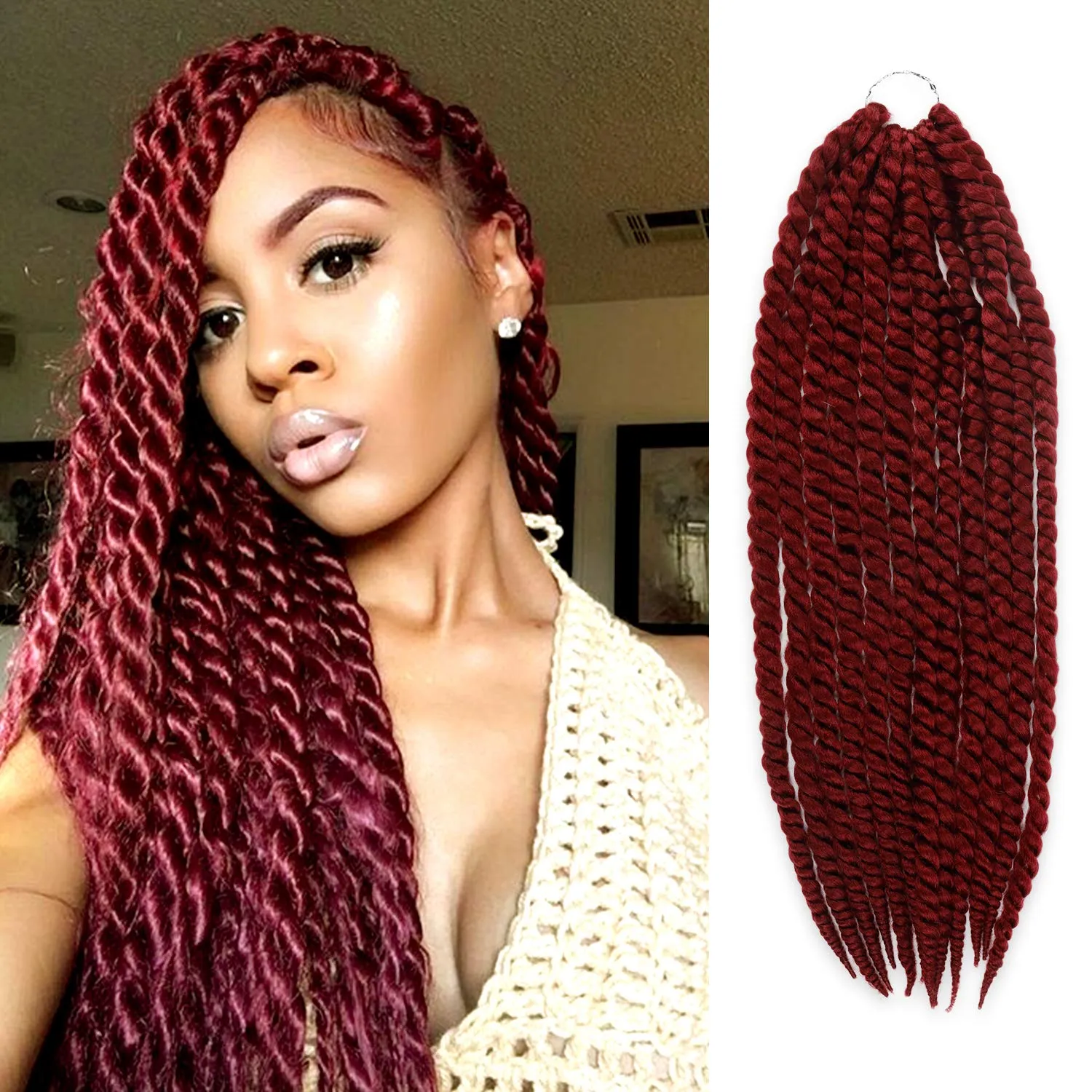 Jumbo Senegalese Twist Crochet Hair, 24 Inch, 8 Pack, Synthetic Extensions for Havana and Mambo Twist Styles, (BURG, Burgundy)