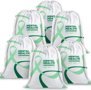 Kacctyen 6 Pcs Mental Health Awareness Drawstring Backpack Green Ribbon Drawstring Bags Polyester Cinch Gym Travel Backpack