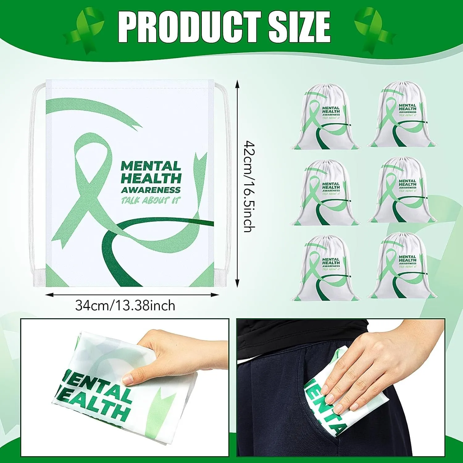 Kacctyen 6 Pcs Mental Health Awareness Drawstring Backpack Green Ribbon Drawstring Bags Polyester Cinch Gym Travel Backpack
