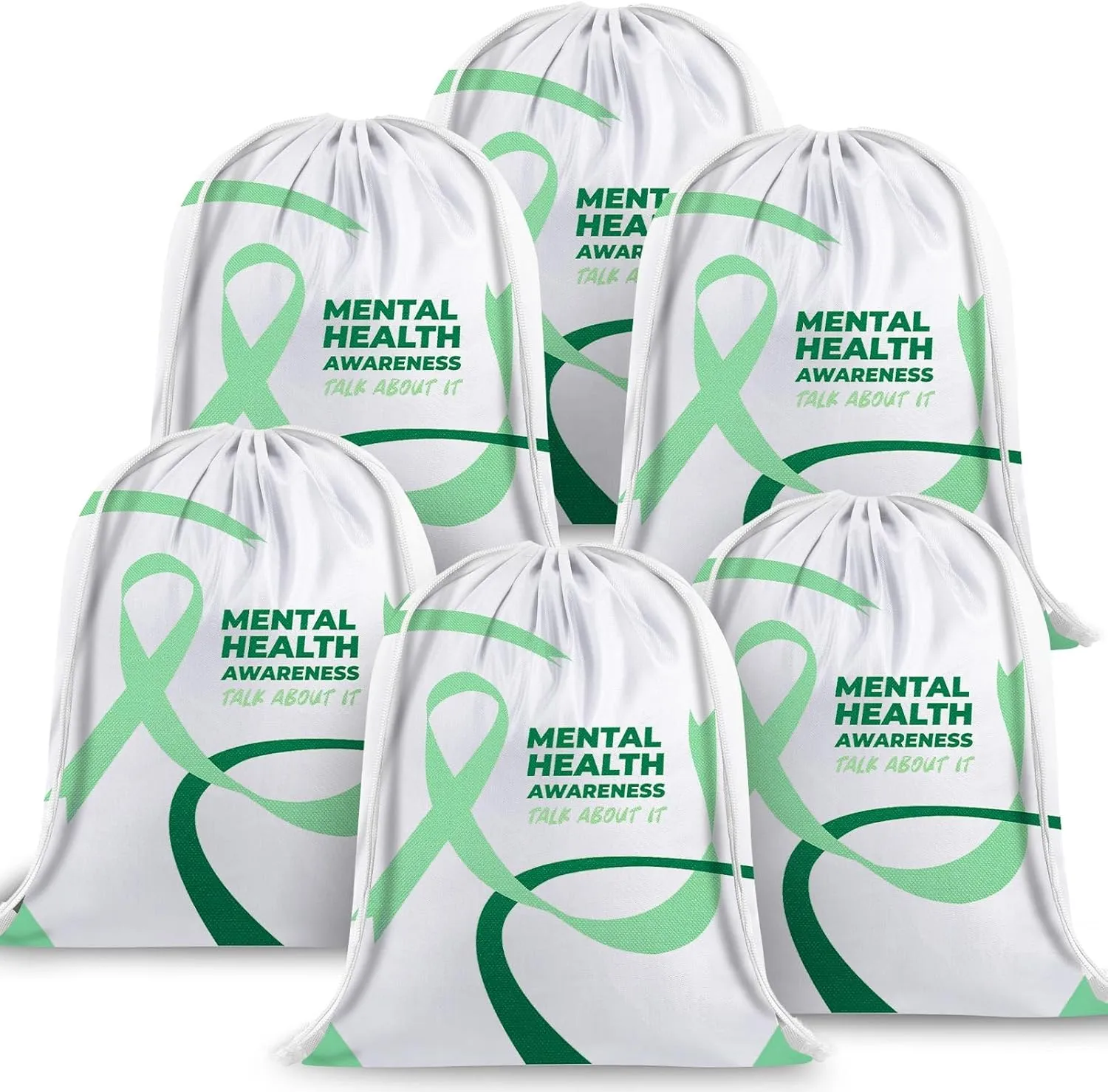 Kacctyen 6 Pcs Mental Health Awareness Drawstring Backpack Green Ribbon Drawstring Bags Polyester Cinch Gym Travel Backpack