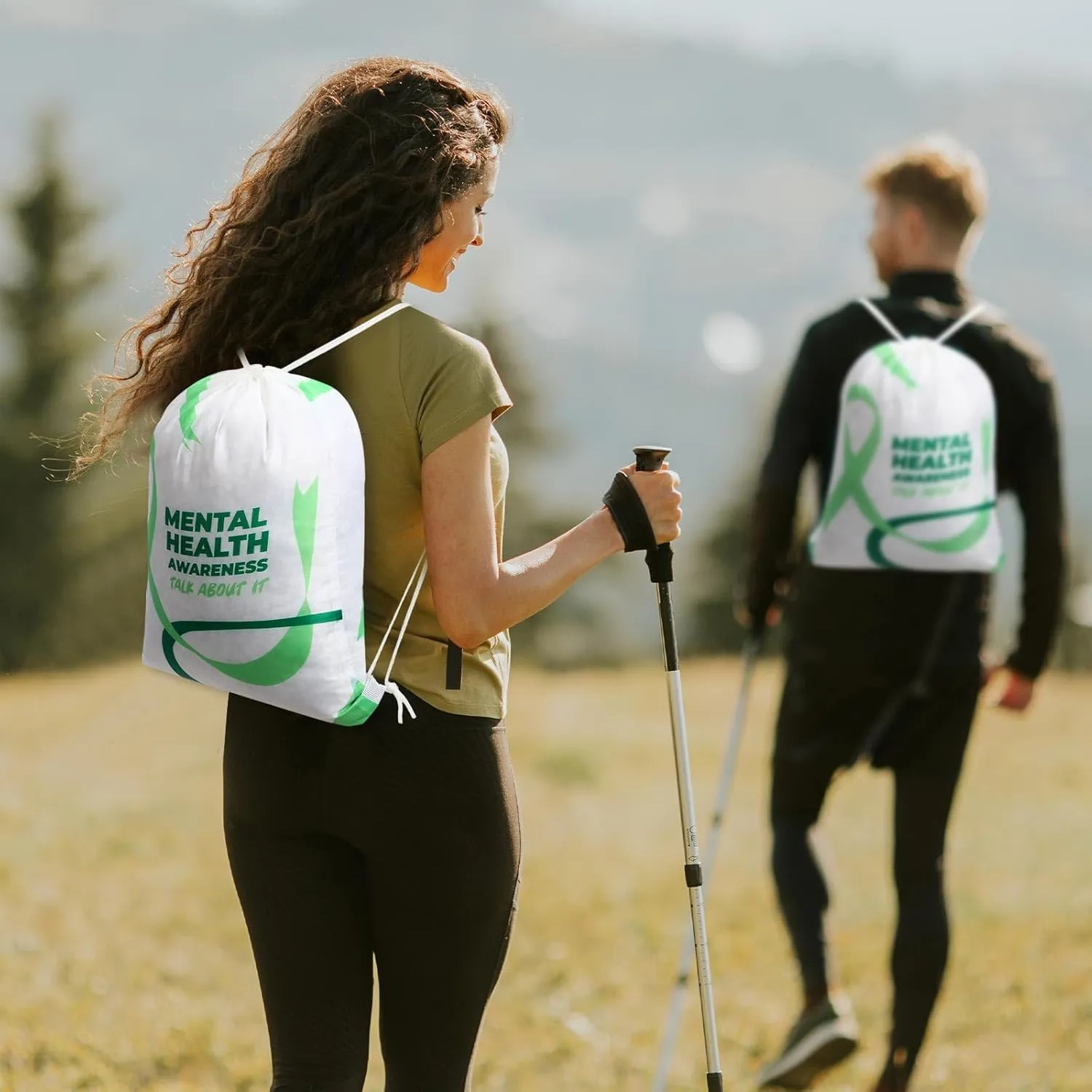 Kacctyen 6 Pcs Mental Health Awareness Drawstring Backpack Green Ribbon Drawstring Bags Polyester Cinch Gym Travel Backpack