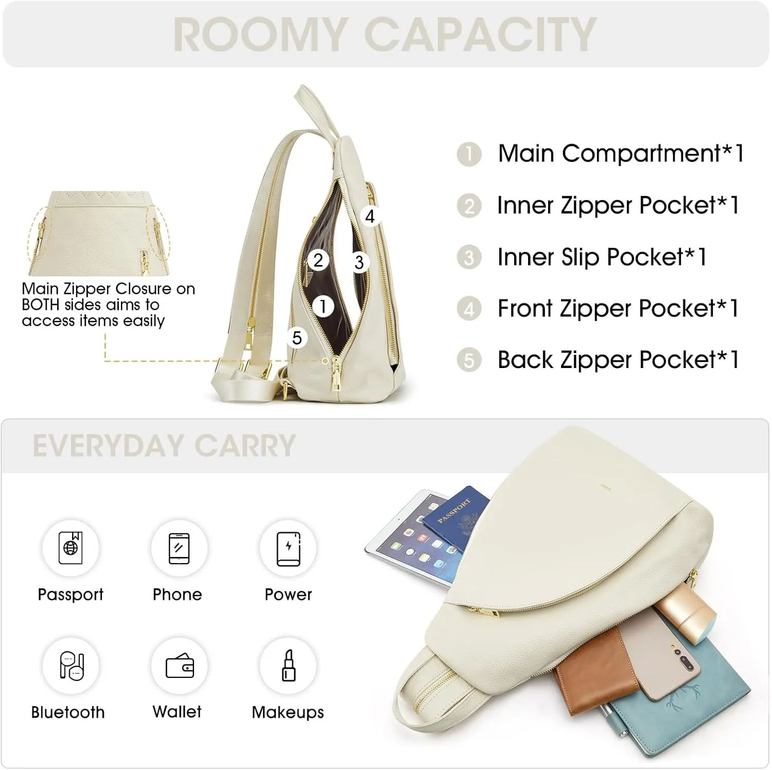 Kattee Sling Bag for Women Crossbody Fanny Packs Chest Bag Top Grain Leather Daypack Backpack RFID Blocking Travel