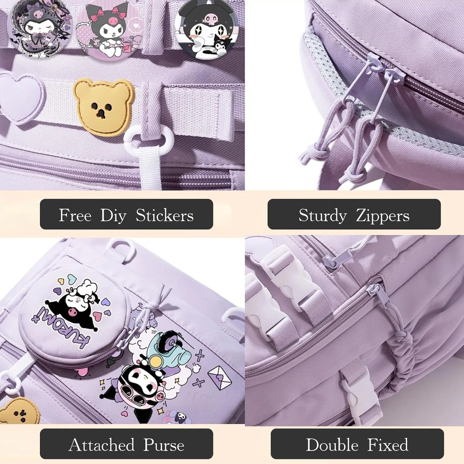Kawaii Backpack with 21Pcs Accessories &Coin Purse Anime Cartoon Anti-Theft Travel Aesthetic New Semester Gifts Bag