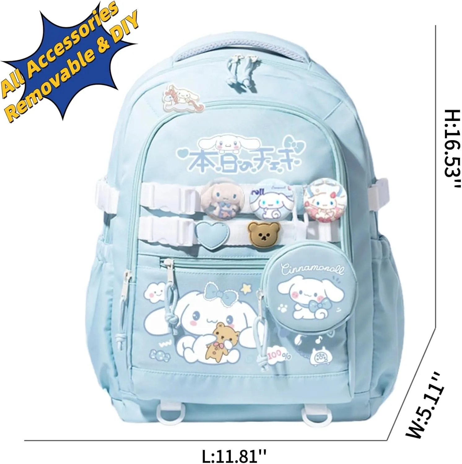 Kawaii Backpack with 21Pcs Accessories &Coin Purse Anime Cartoon Anti-Theft Travel Aesthetic New Semester Gifts Bag