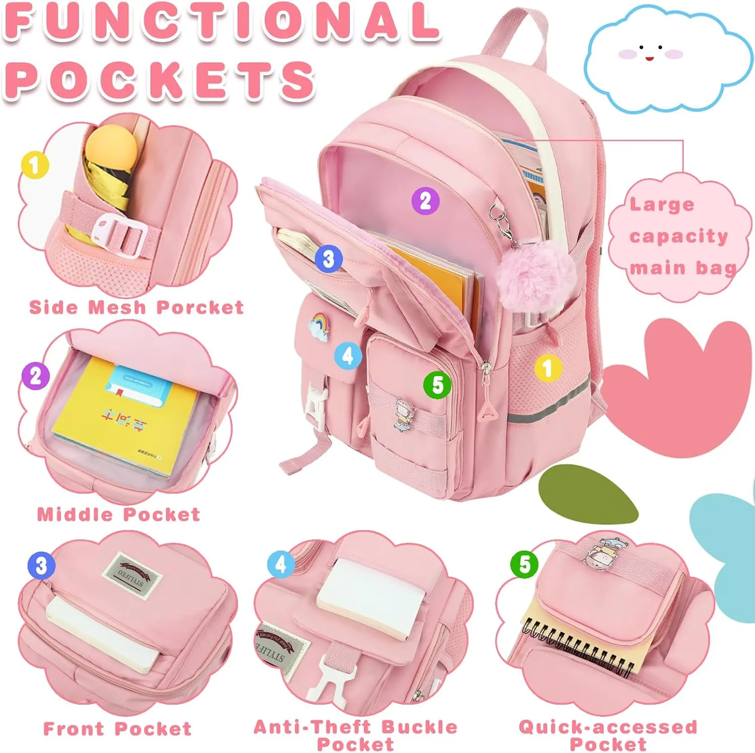 Kawaii Girls Backpack for School Cute Teenage Bookbag With Multiple Pockets for Primary Elementary High School,Beige