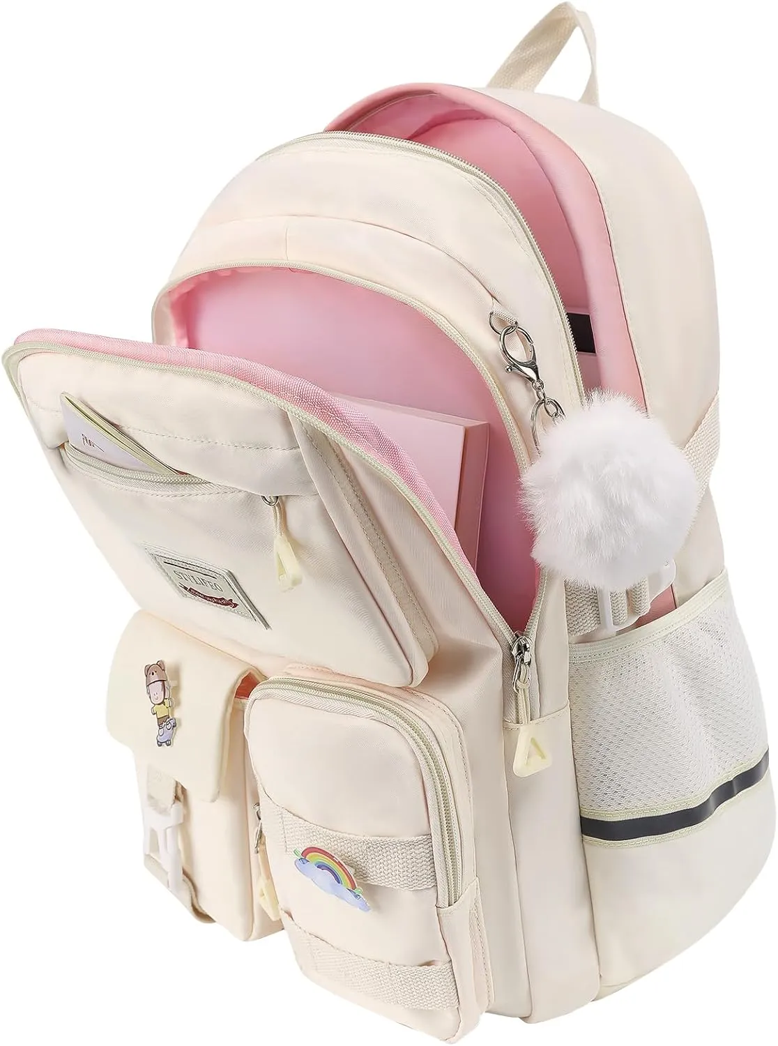 Kawaii Girls Backpack for School Cute Teenage Bookbag With Multiple Pockets for Primary Elementary High School,Beige