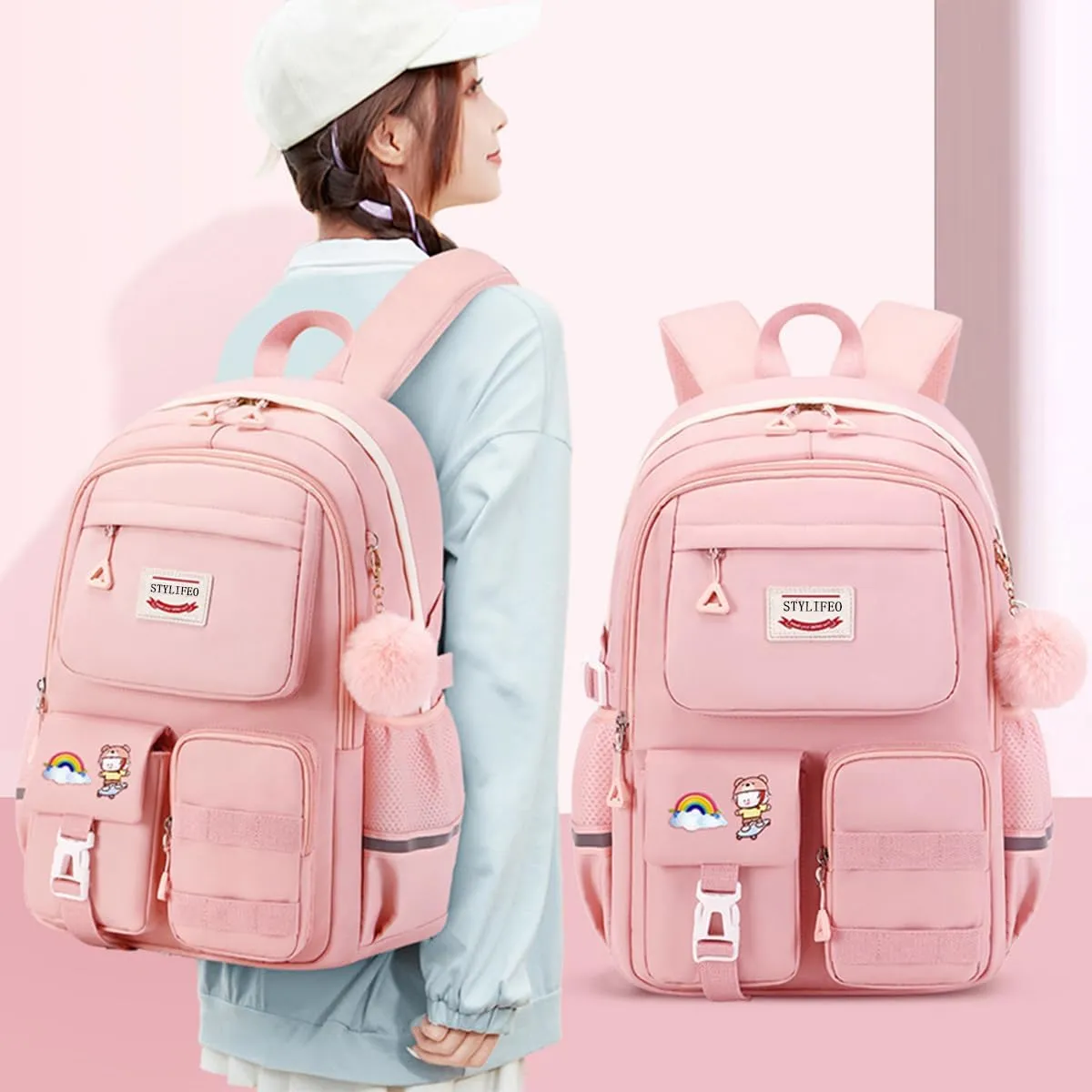 Kawaii Girls Backpack for School Cute Teenage Bookbag With Multiple Pockets for Primary Elementary High School,Beige