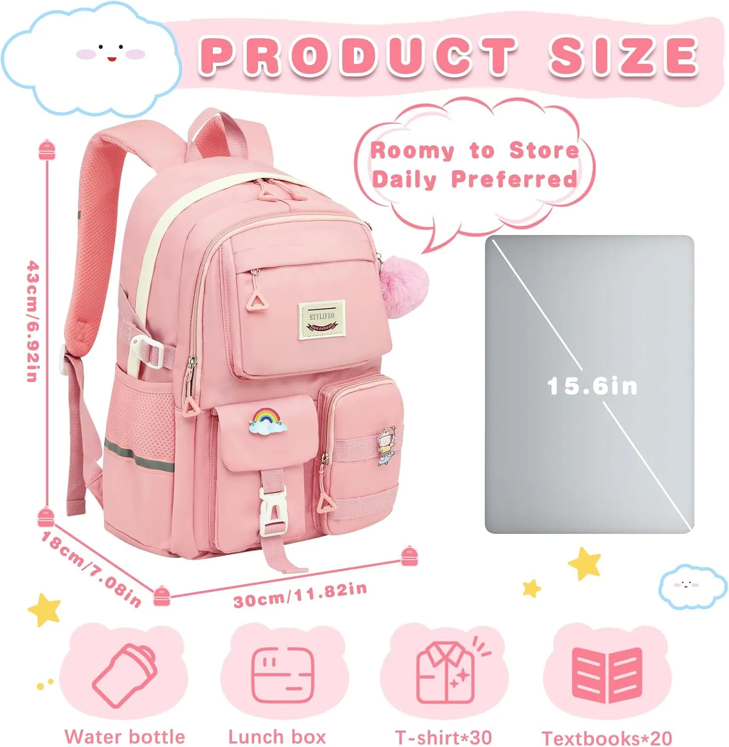 Kawaii Girls Backpack for School Cute Teenage Bookbag With Multiple Pockets for Primary Elementary High School,Beige