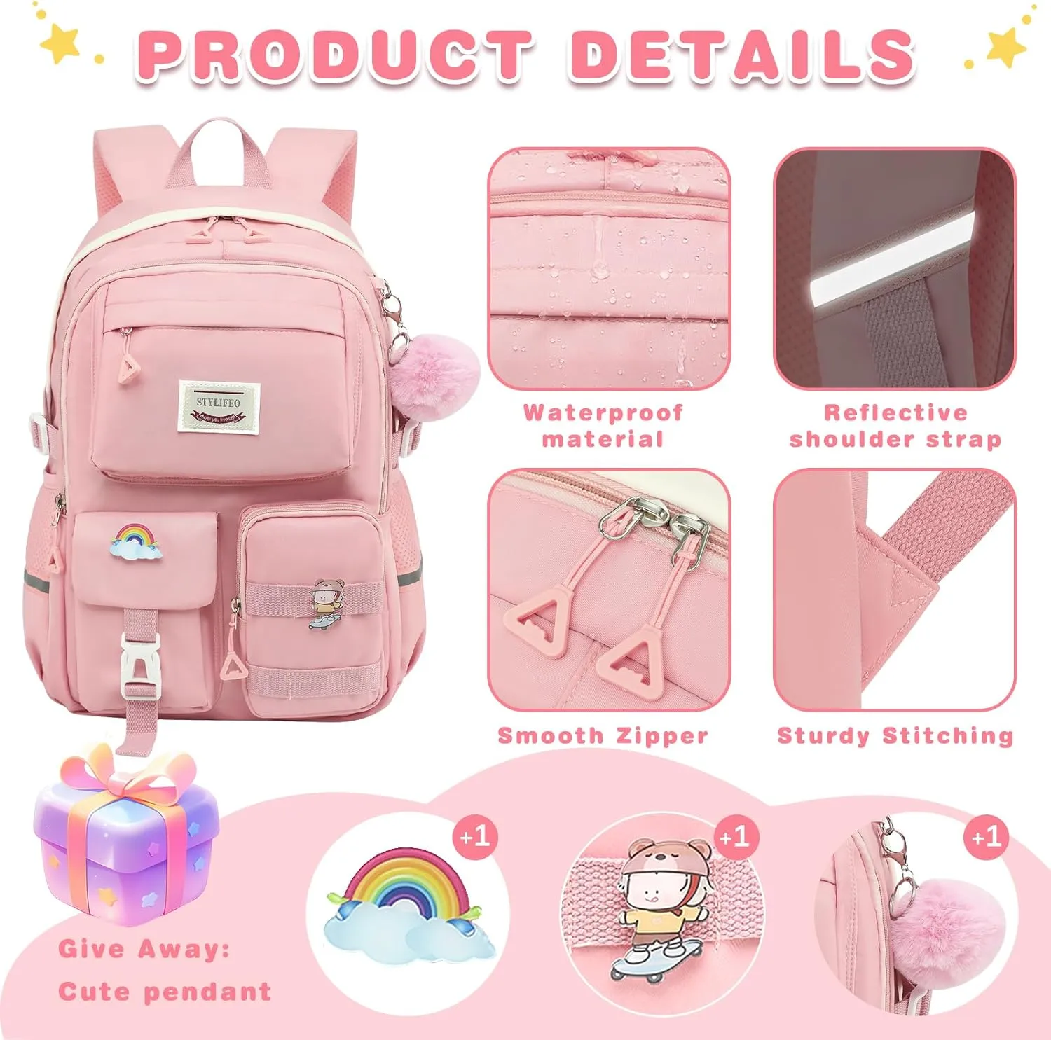 Kawaii Girls Backpack for School Cute Teenage Bookbag With Multiple Pockets for Primary Elementary High School,Beige