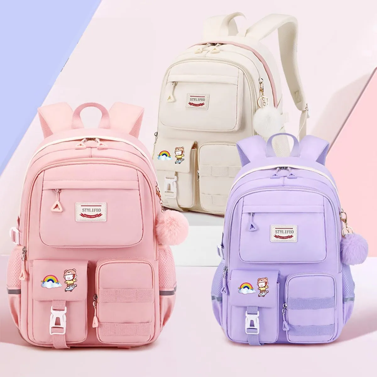 Kawaii Girls Backpack for School Cute Teenage Bookbag With Multiple Pockets for Primary Elementary High School,Beige
