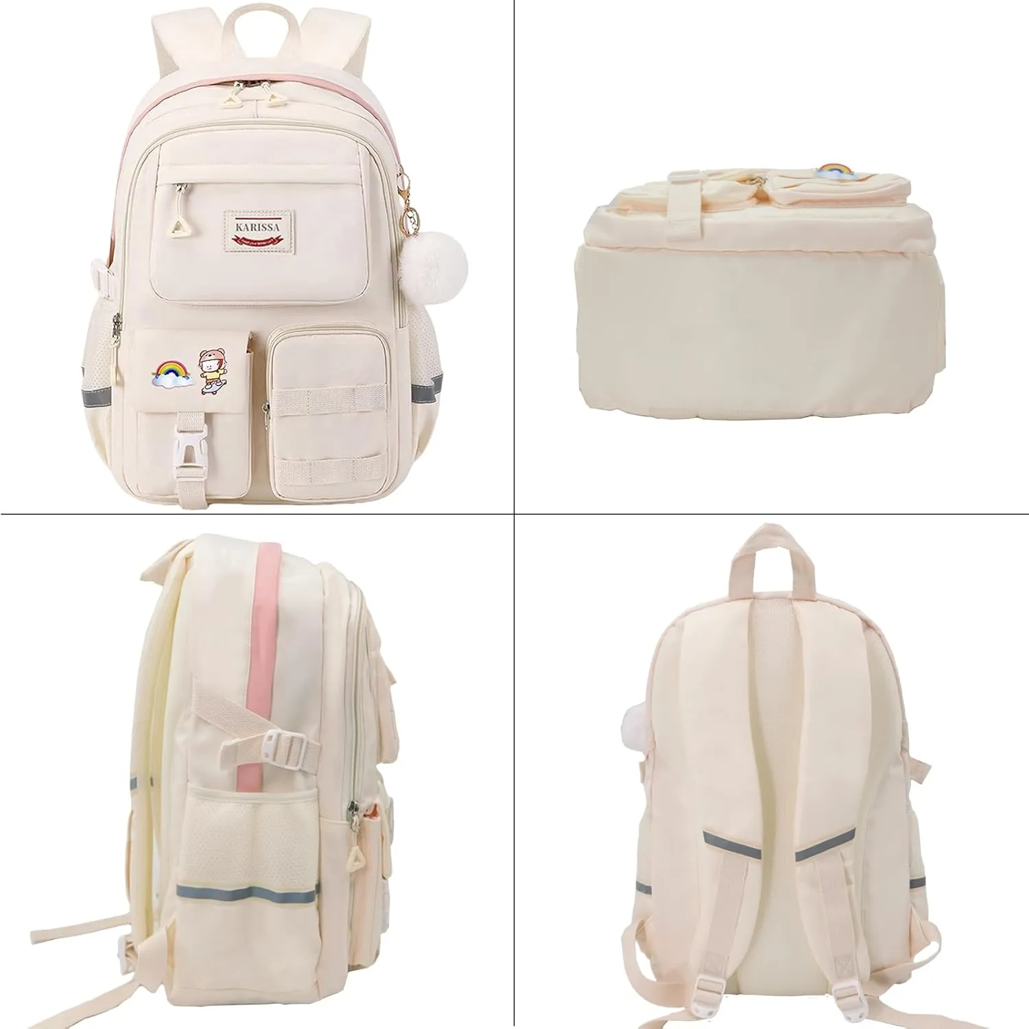 Kawaii Girls Backpack for School Cute Teenage Bookbag With Multiple Pockets for Primary Elementary High School,Beige