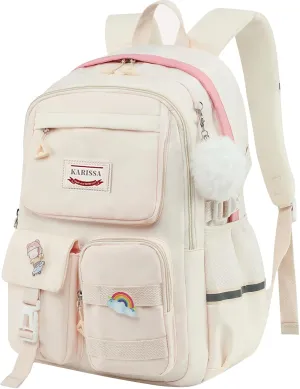 Kawaii Girls Backpack for School Cute Teenage Bookbag With Multiple Pockets for Primary Elementary High School,Beige