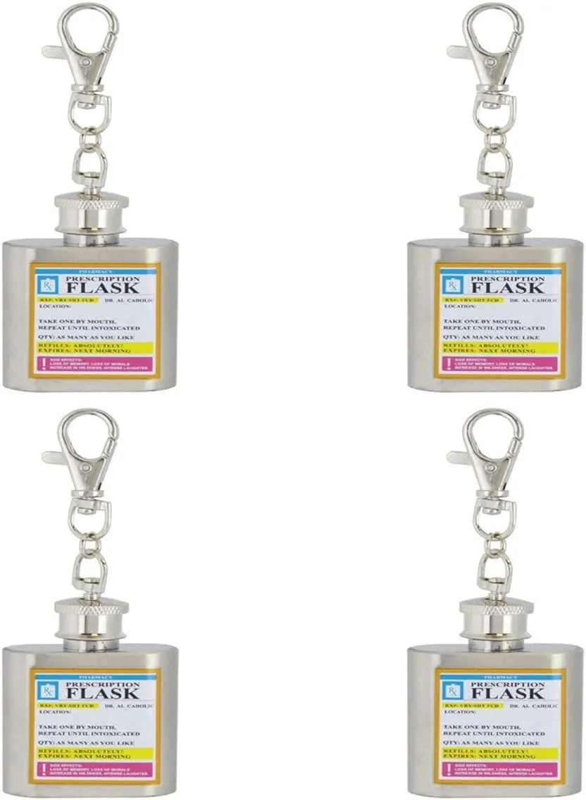 Keychain Prescription Rx Hip Flask Key chain 4 Set 1 oz Unique Funny Novelty Gag Gift, Premium Quality Flask Key Tag for Auto, Motorcycle, Backpacks, Gift (4 PACK)