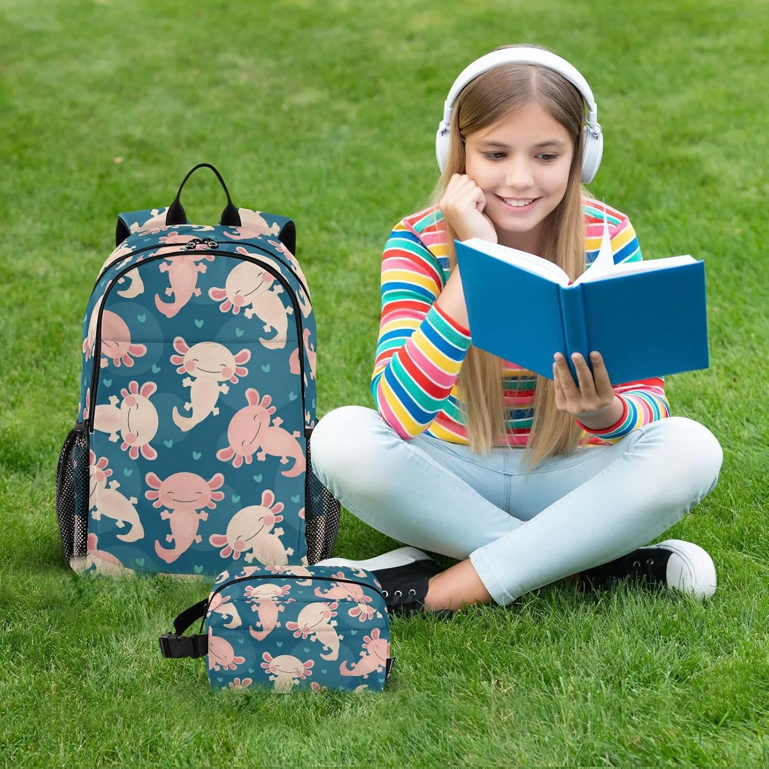 Kids Backpack Set with Lunch Box Axolotl Kawaii Preschool Backpack Bookbag School Bag Cute Backpack Set for Teen Girls Boys