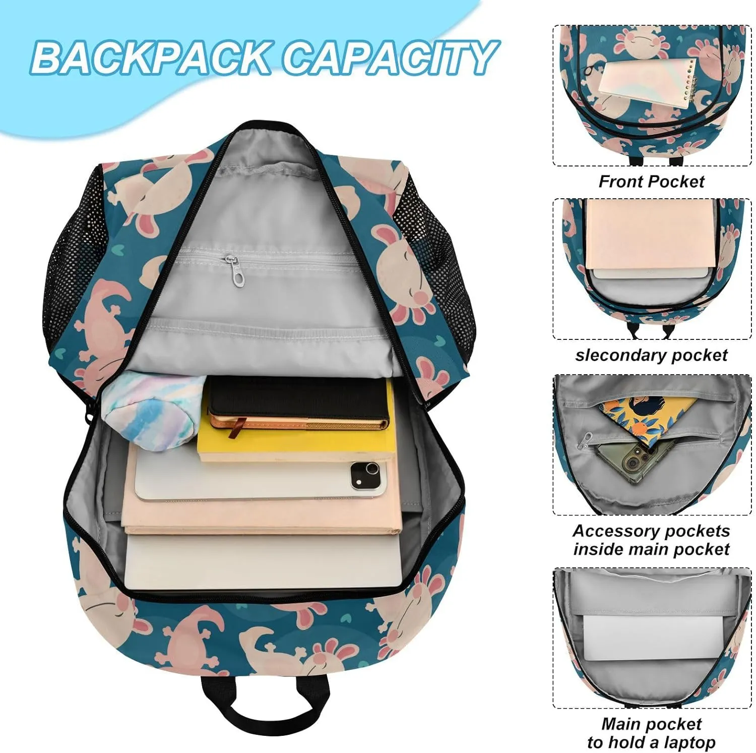 Kids Backpack Set with Lunch Box Axolotl Kawaii Preschool Backpack Bookbag School Bag Cute Backpack Set for Teen Girls Boys