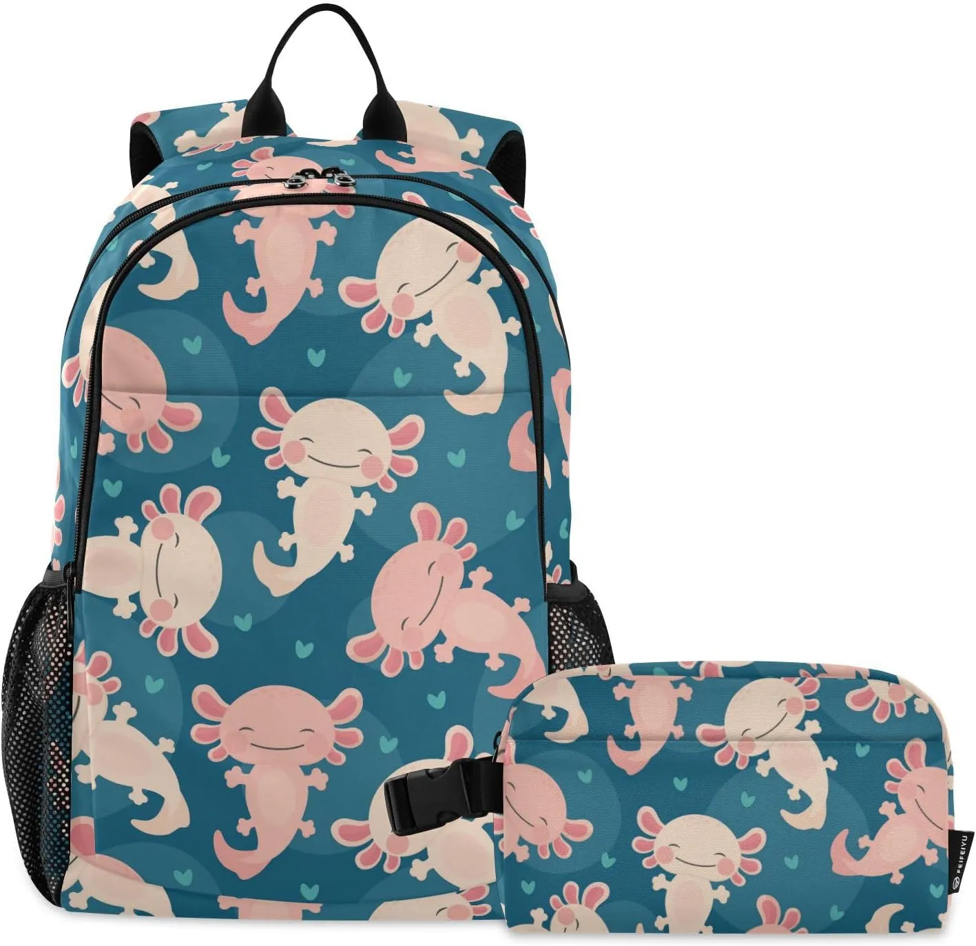 Kids Backpack Set with Lunch Box Axolotl Kawaii Preschool Backpack Bookbag School Bag Cute Backpack Set for Teen Girls Boys