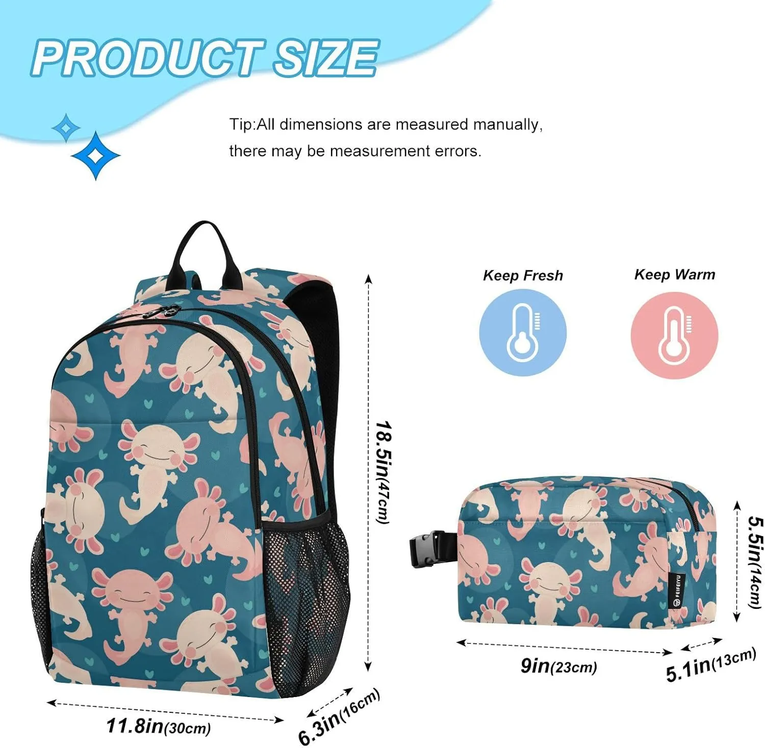 Kids Backpack Set with Lunch Box Axolotl Kawaii Preschool Backpack Bookbag School Bag Cute Backpack Set for Teen Girls Boys
