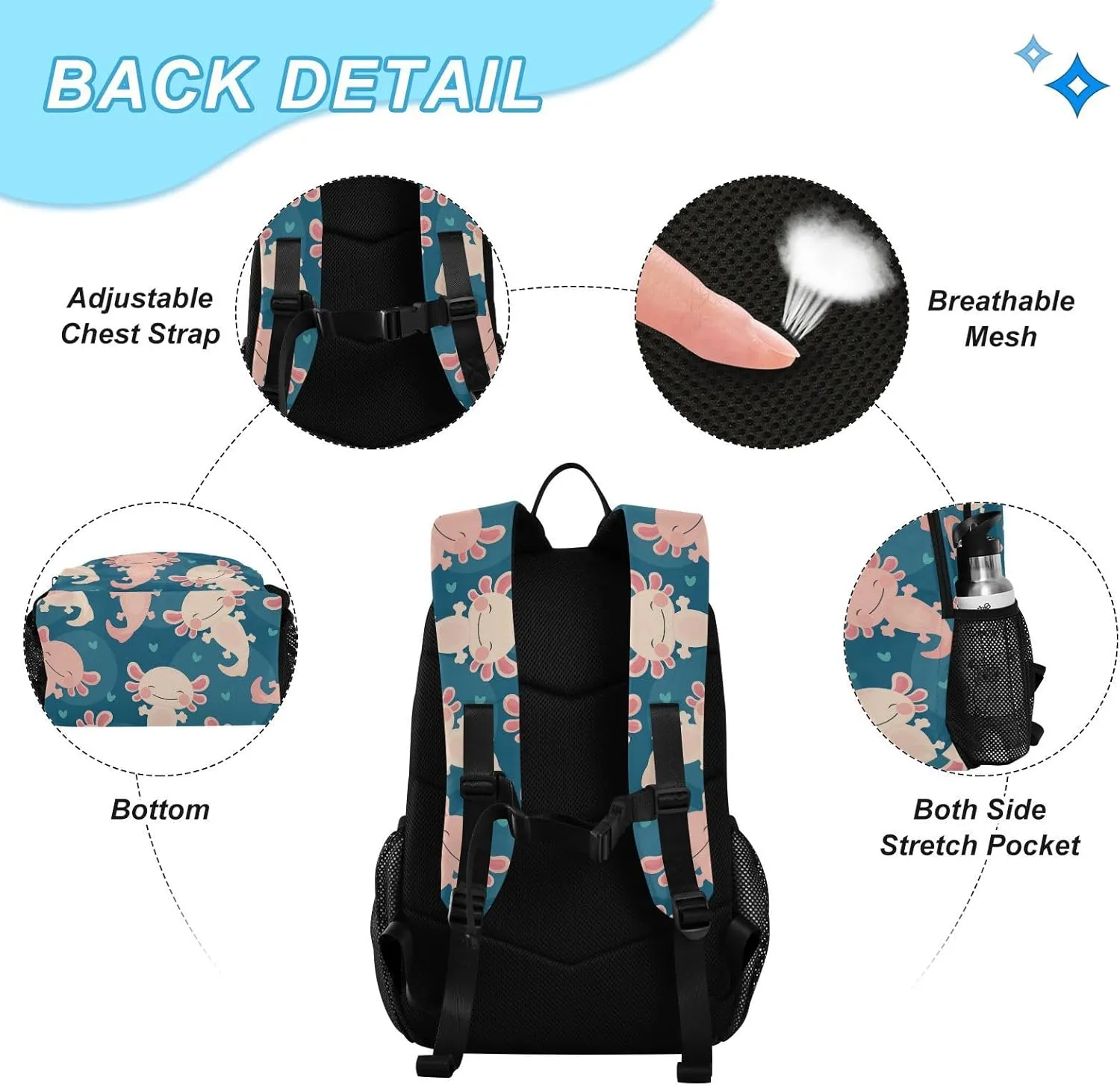 Kids Backpack Set with Lunch Box Axolotl Kawaii Preschool Backpack Bookbag School Bag Cute Backpack Set for Teen Girls Boys