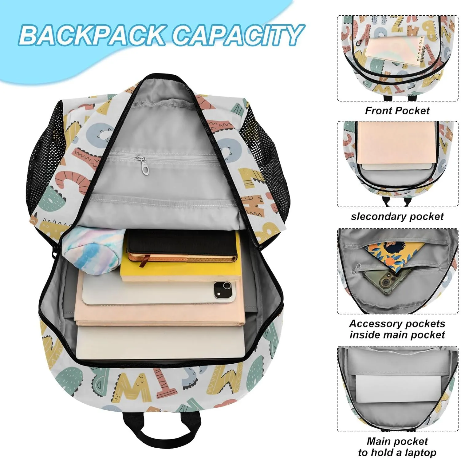 Kids Backpack Set with Lunch Box Dinosaur Alphabet Style Preschool Backpack Bookbag School Bag Cute Backpack Set for Teen Girls Boys