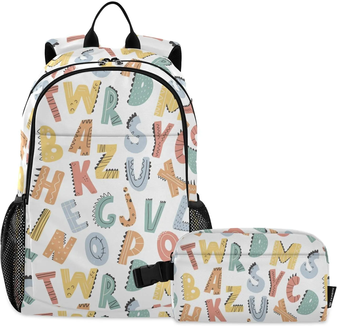Kids Backpack Set with Lunch Box Dinosaur Alphabet Style Preschool Backpack Bookbag School Bag Cute Backpack Set for Teen Girls Boys