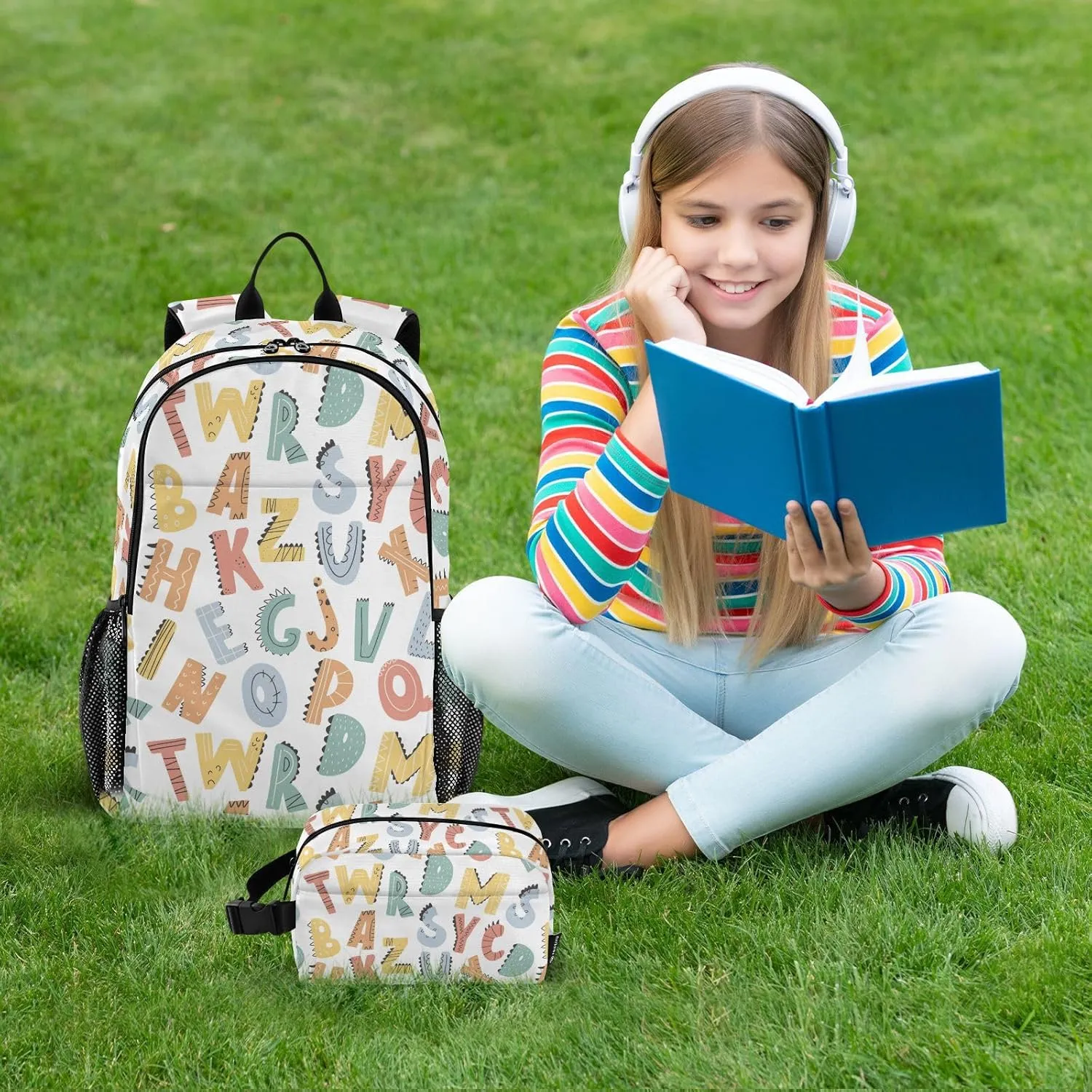 Kids Backpack Set with Lunch Box Dinosaur Alphabet Style Preschool Backpack Bookbag School Bag Cute Backpack Set for Teen Girls Boys