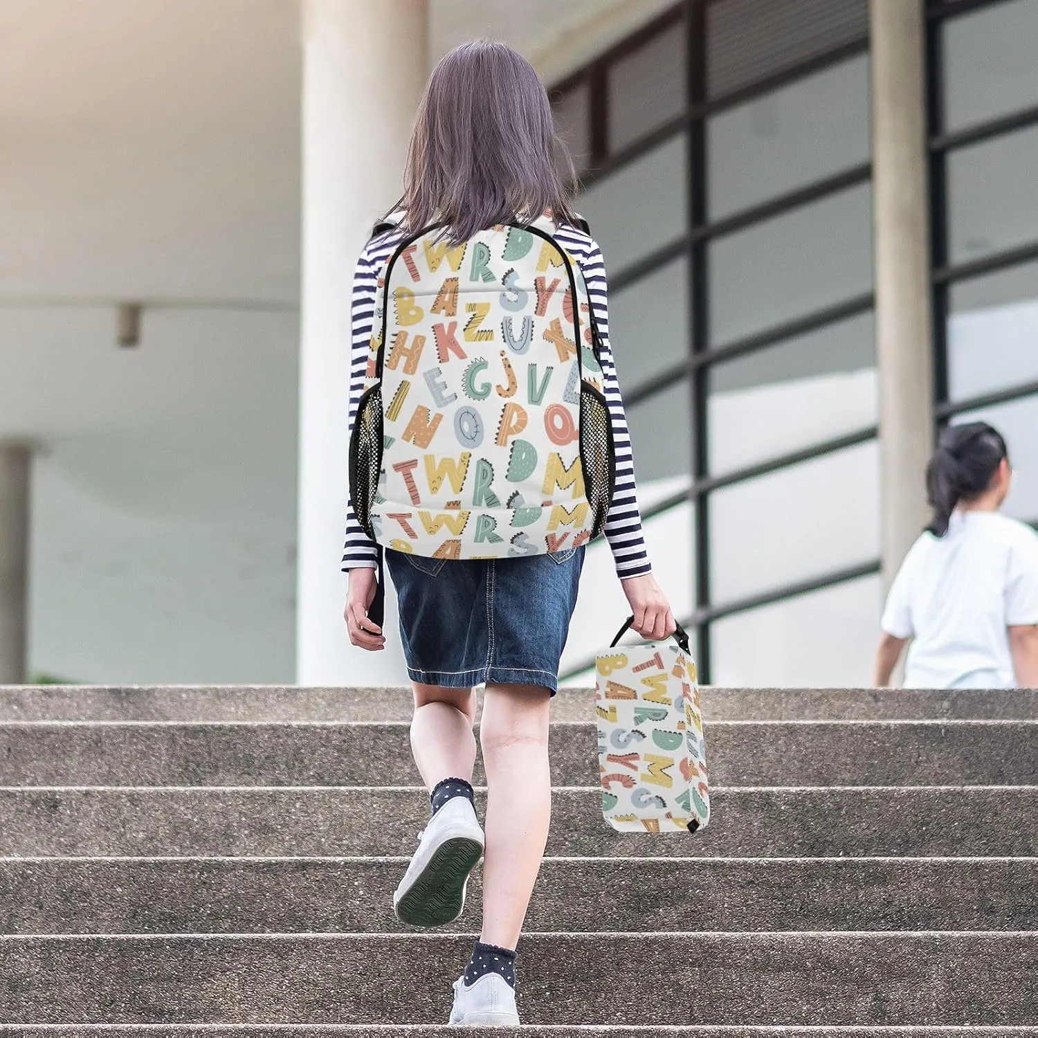 Kids Backpack Set with Lunch Box Dinosaur Alphabet Style Preschool Backpack Bookbag School Bag Cute Backpack Set for Teen Girls Boys