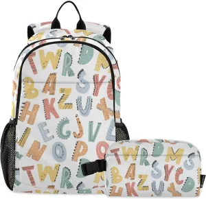Kids Backpack Set with Lunch Box Dinosaur Alphabet Style Preschool Backpack Bookbag School Bag Cute Backpack Set for Teen Girls Boys