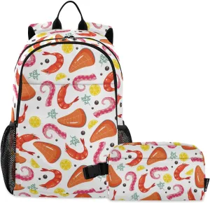 Kids Backpack with Lunch Box for Girls Boys Seafood Salmon Shrimp Lightweight Backpacks School Bookbags for Young Elementary Students