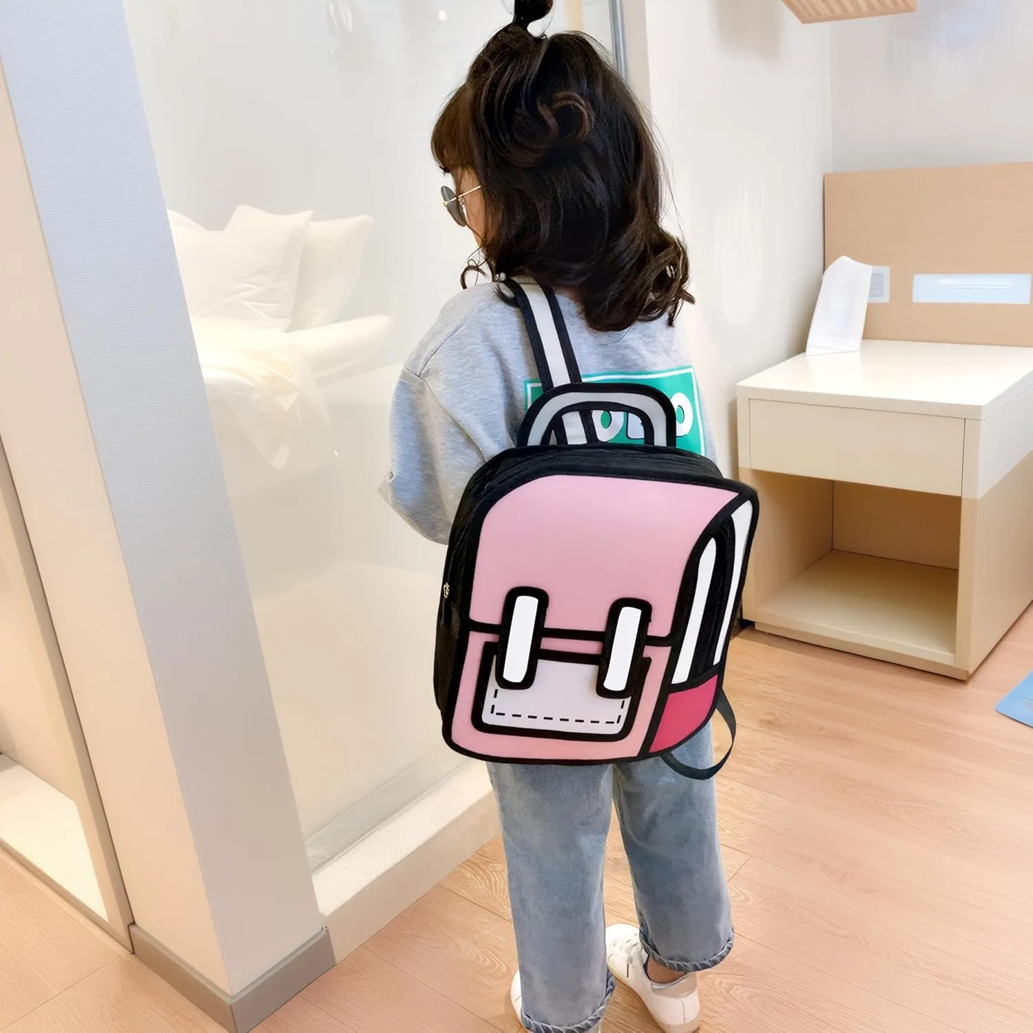 Kids Kawaii Backpack for Girls Cute Toddler 2D Cartoon Comic Paper Jump Bookbag Fun Weird School Schoolbag (Pink, Small)