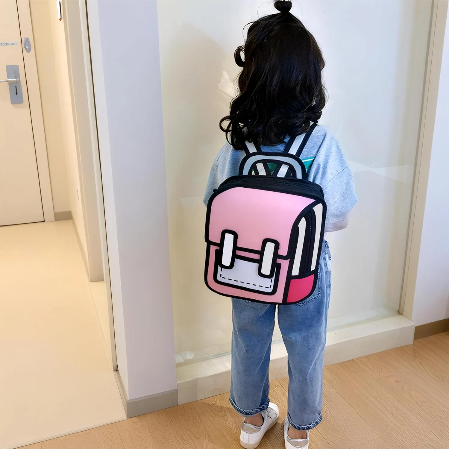 Kids Kawaii Backpack for Girls Cute Toddler 2D Cartoon Comic Paper Jump Bookbag Fun Weird School Schoolbag (Pink, Small)
