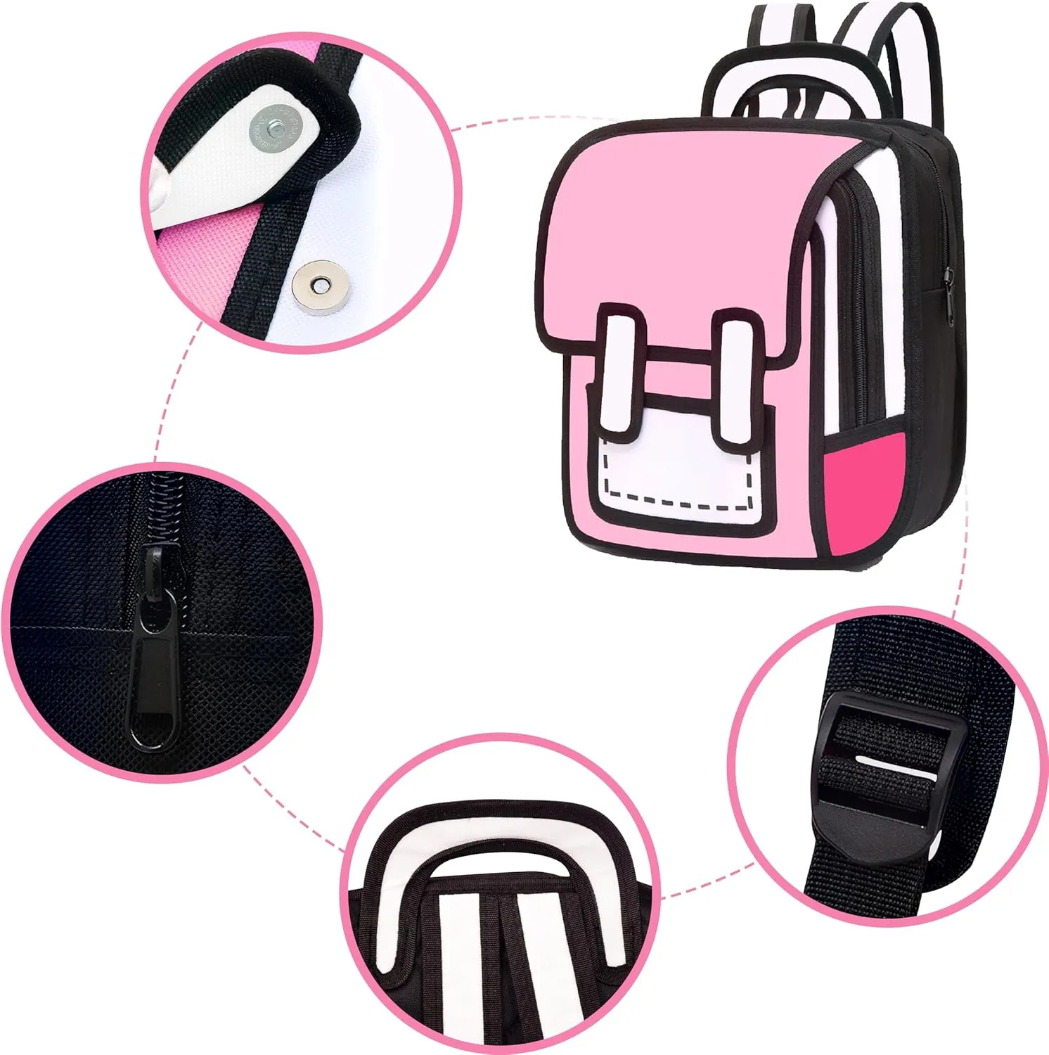 Kids Kawaii Backpack for Girls Cute Toddler 2D Cartoon Comic Paper Jump Bookbag Fun Weird School Schoolbag (Pink, Small)