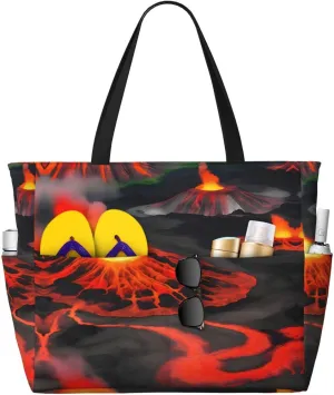Kilauea Volcanos Print Stylish Beach Tote Bag,Large Capacity Handbag,Perfect For Women'S Vacation And Daily Use