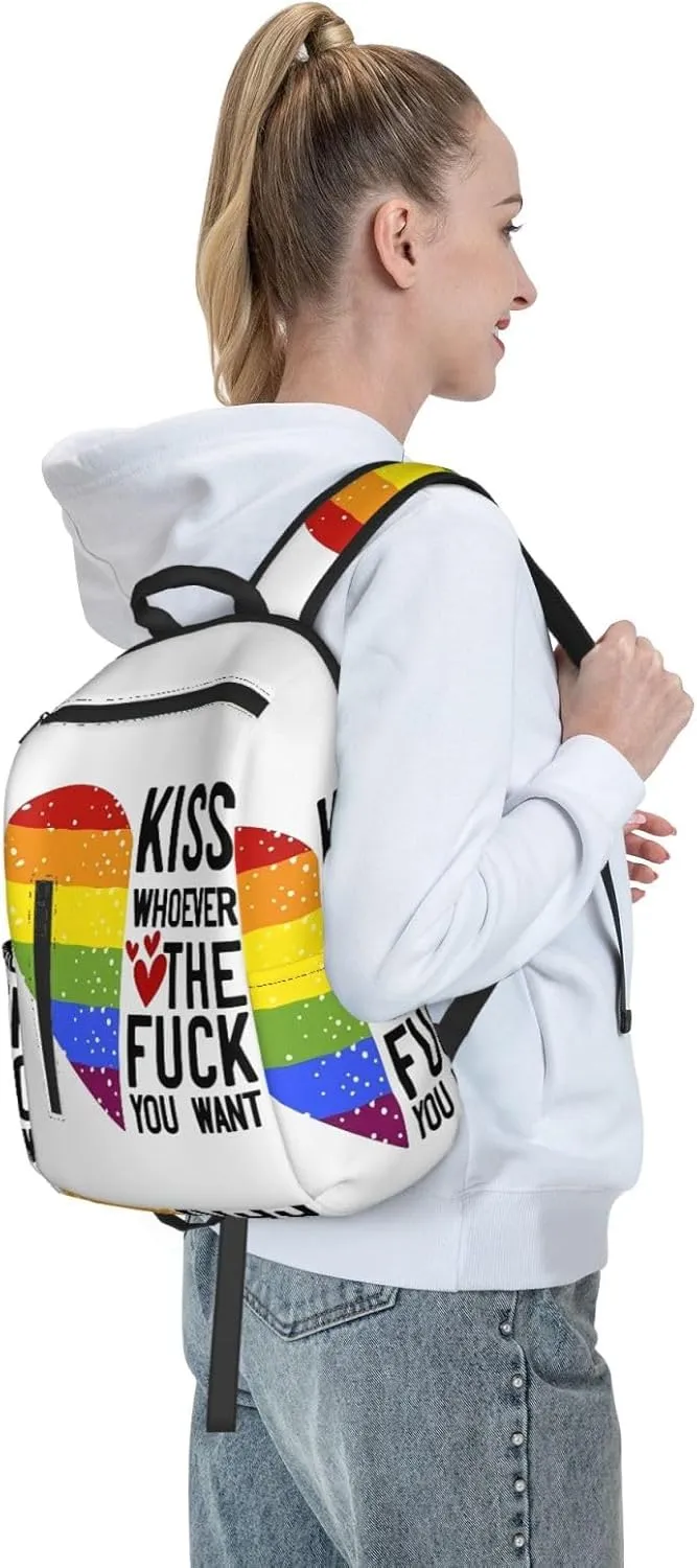 Kiss Whoever The Fuck You Want LGBT Rainbow Gay Pride Heart Travel Laptop Backpack Casual Backpacks Double Shoulder Daypack Notebook Rucksack Work Bags Sports Bag for Hiking Camping Beach
