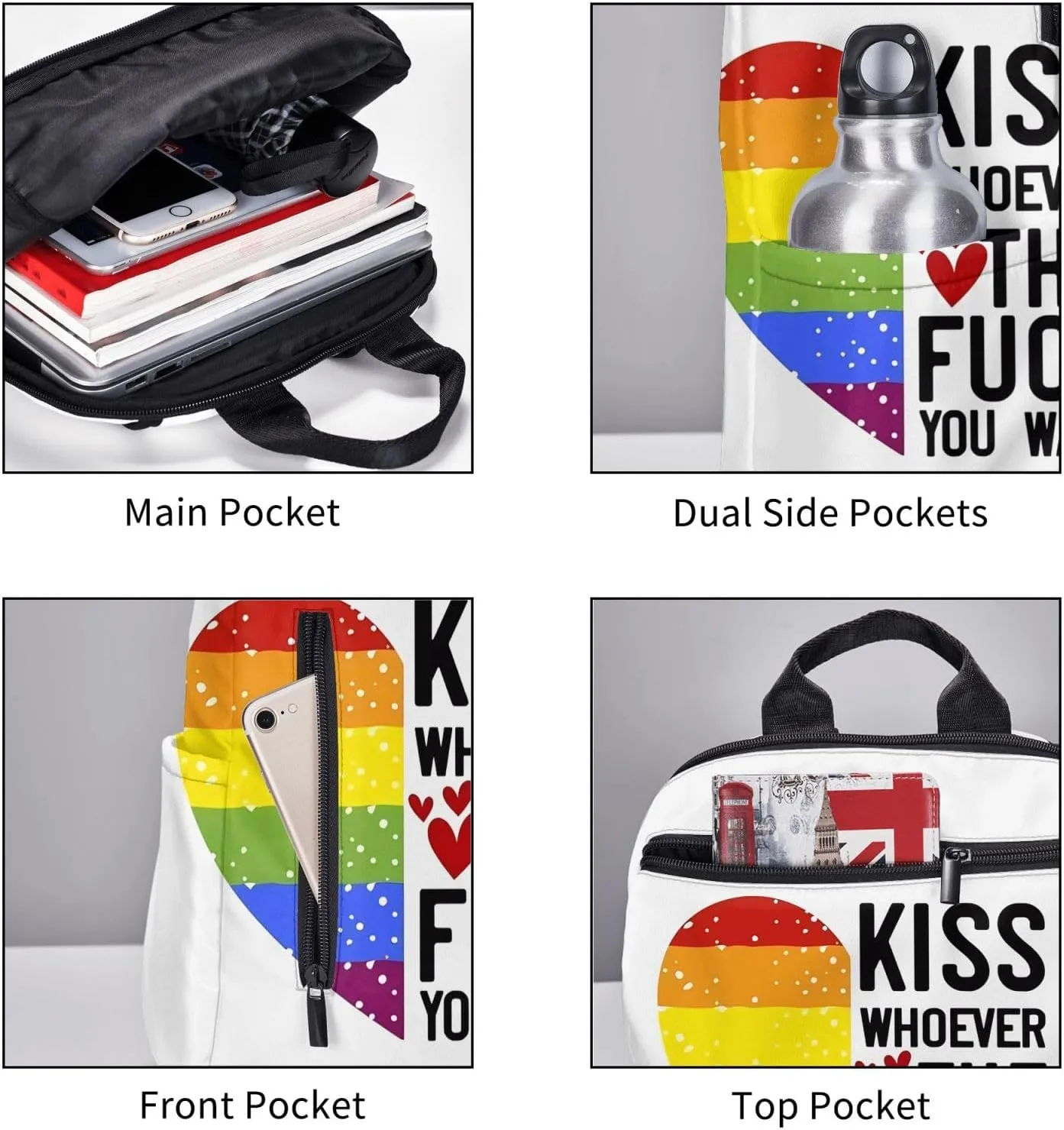 Kiss Whoever The Fuck You Want LGBT Rainbow Gay Pride Heart Travel Laptop Backpack Casual Backpacks Double Shoulder Daypack Notebook Rucksack Work Bags Sports Bag for Hiking Camping Beach