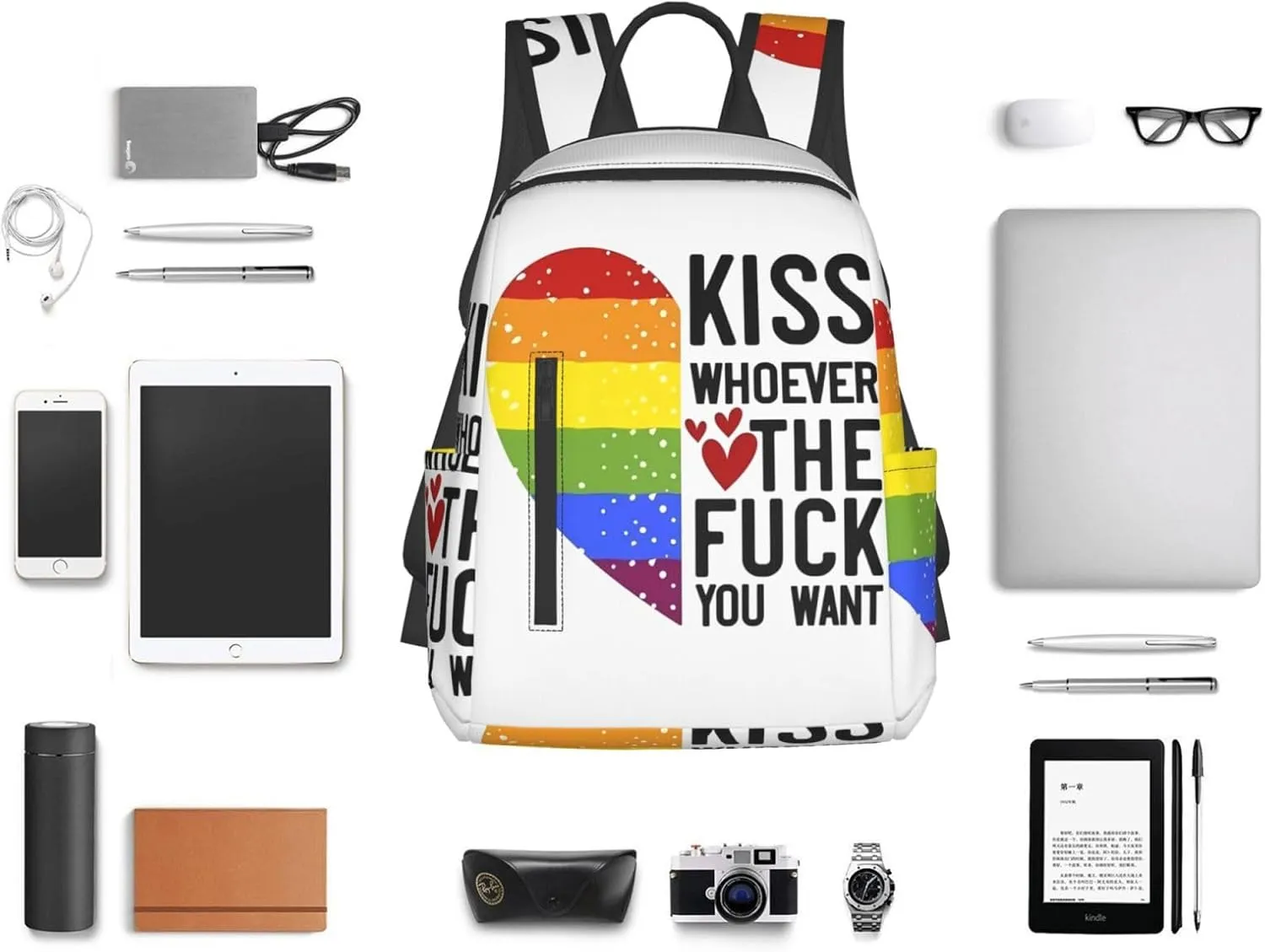 Kiss Whoever The Fuck You Want LGBT Rainbow Gay Pride Heart Travel Laptop Backpack Casual Backpacks Double Shoulder Daypack Notebook Rucksack Work Bags Sports Bag for Hiking Camping Beach