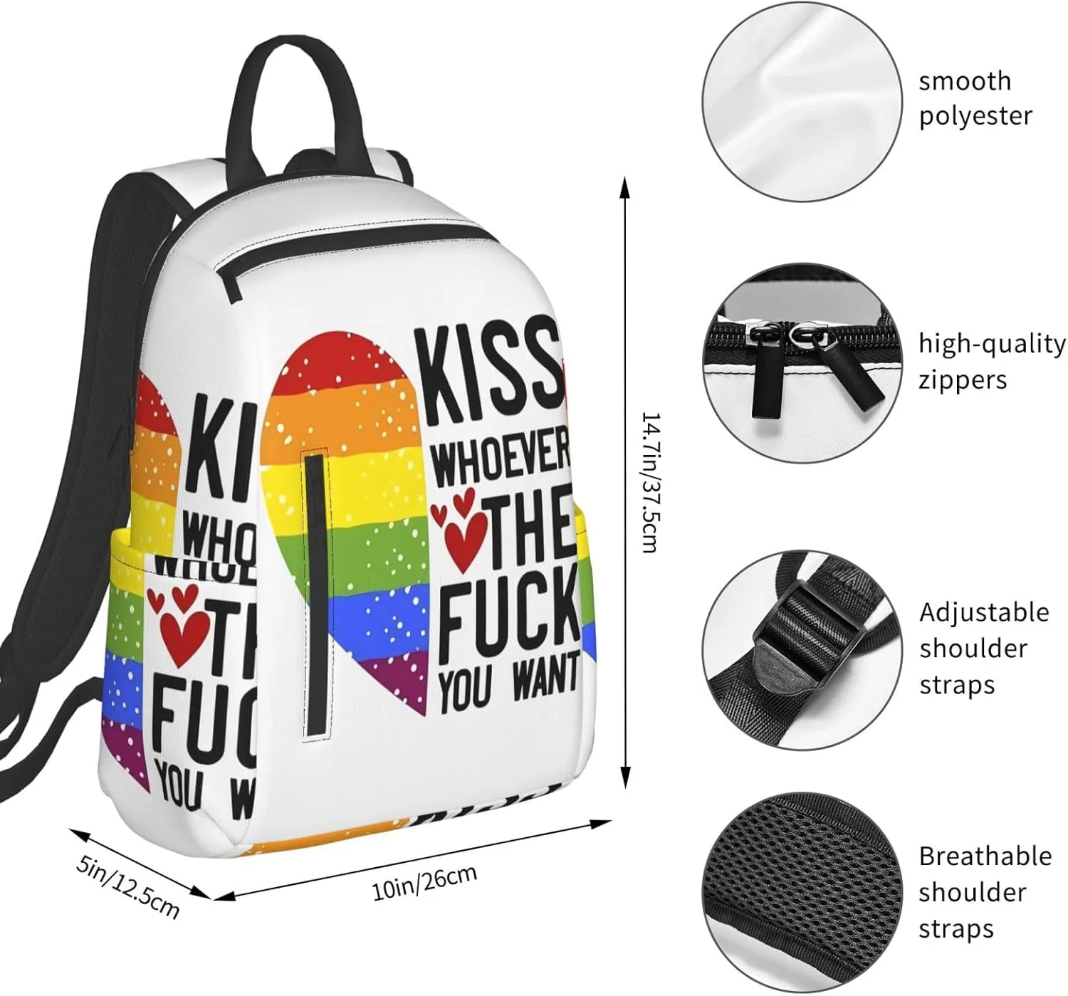 Kiss Whoever The Fuck You Want LGBT Rainbow Gay Pride Heart Travel Laptop Backpack Casual Backpacks Double Shoulder Daypack Notebook Rucksack Work Bags Sports Bag for Hiking Camping Beach