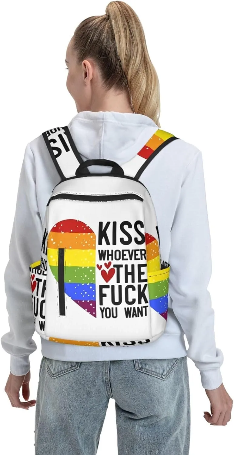 Kiss Whoever The Fuck You Want LGBT Rainbow Gay Pride Heart Travel Laptop Backpack Casual Backpacks Double Shoulder Daypack Notebook Rucksack Work Bags Sports Bag for Hiking Camping Beach