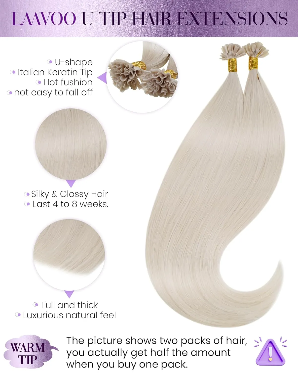 LaaVoo Blonde U Tip Hair Extensions Human Hair Platinum Blonde K Tip Hair Extensions Real Human Hair 22 in Ktip Human Hair Extensions Blonde Hot Fusion Long Straight 50g 50s