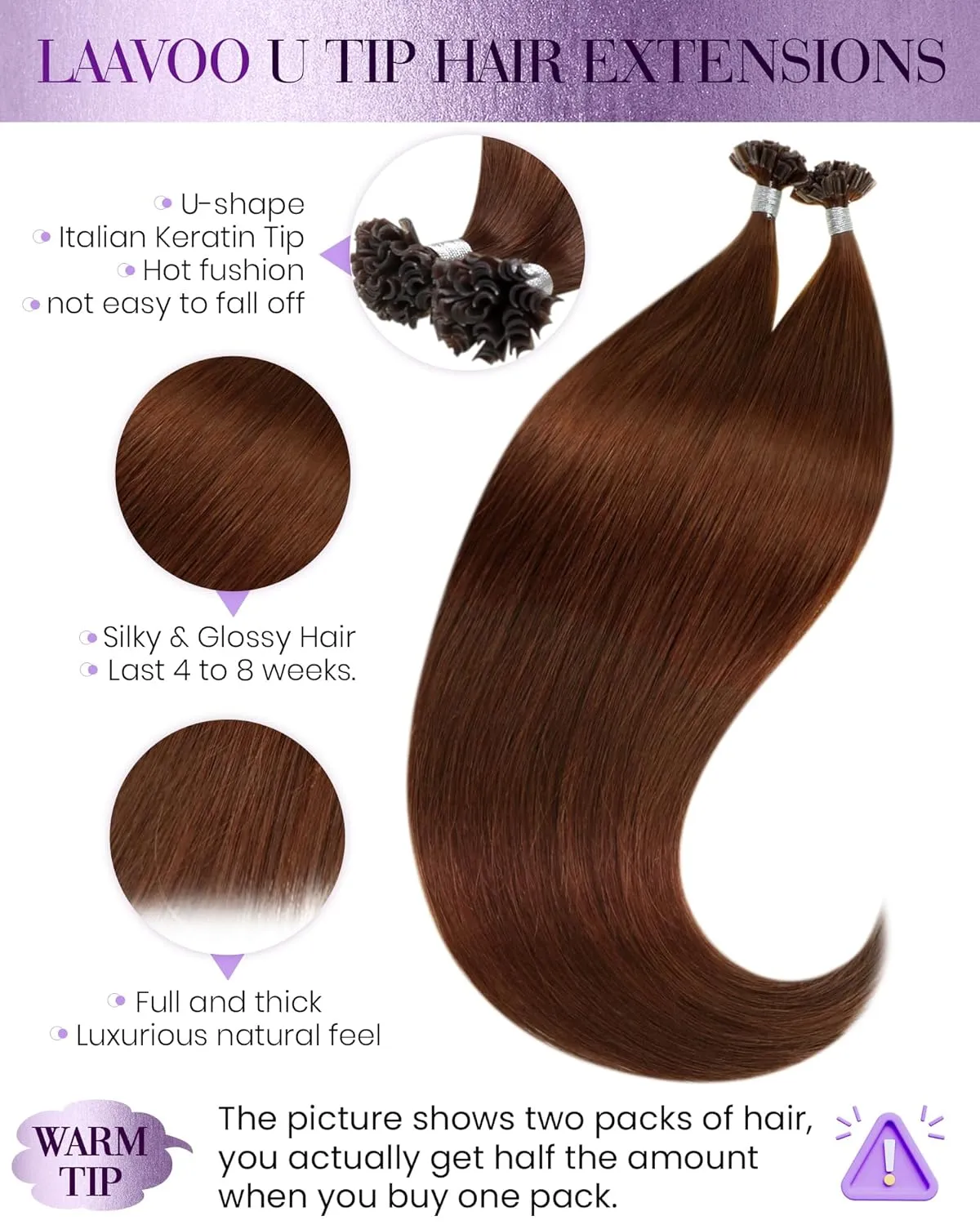 LaaVoo U Tip Hair Extensions Human Hair Auburn K Tip Hair Extensions Real Human Hair Long Straight 50g/50s 22 Inch