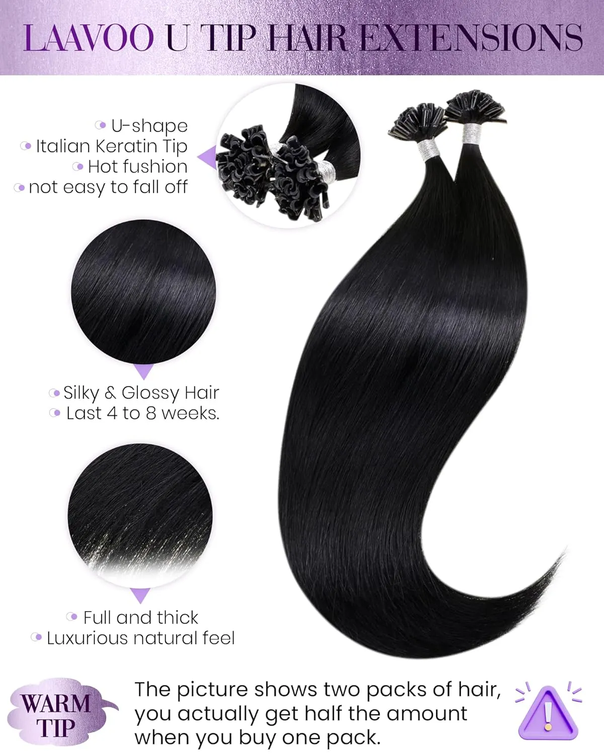 LaaVoo U Tip Hair Extensions Human Hair Jet Black Ktip Hair Extensions Hot Fusion 50g 50s 14 Inch