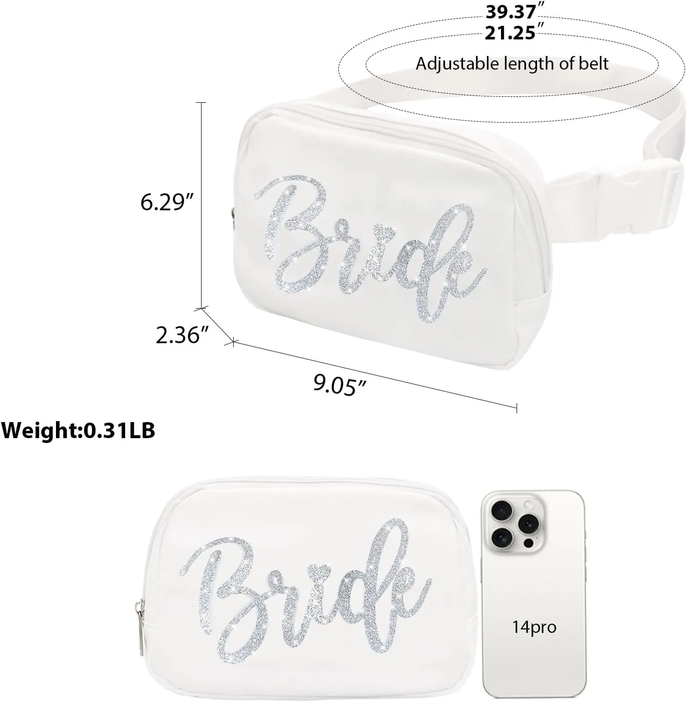 Lamyba Bachelorette Gifts: Bride Fanny Pack, Bride to be Gift, Bachelorette Party Favors for Bridal Shower Wedding Day, Silver Belt Bag with Adjustable Strap, Crossbody Bag, Purse