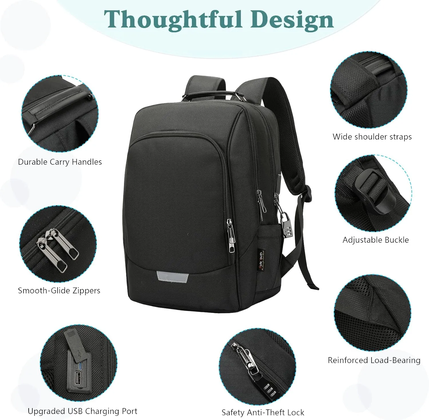 Laptop Backpack, Anti Theft Black Backpack with Security Combination Lock for Men & Women, Water Resistant Work School Business Travel Commuter Laptop Bag