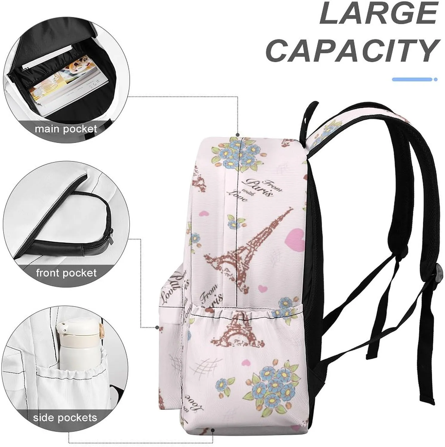 Laptop Backpack for Men Women Grunge Eiffel Tower Travel Work Backpack with Compartment Large Capacity Spring Cute Flowers Daypack Business Work Bag