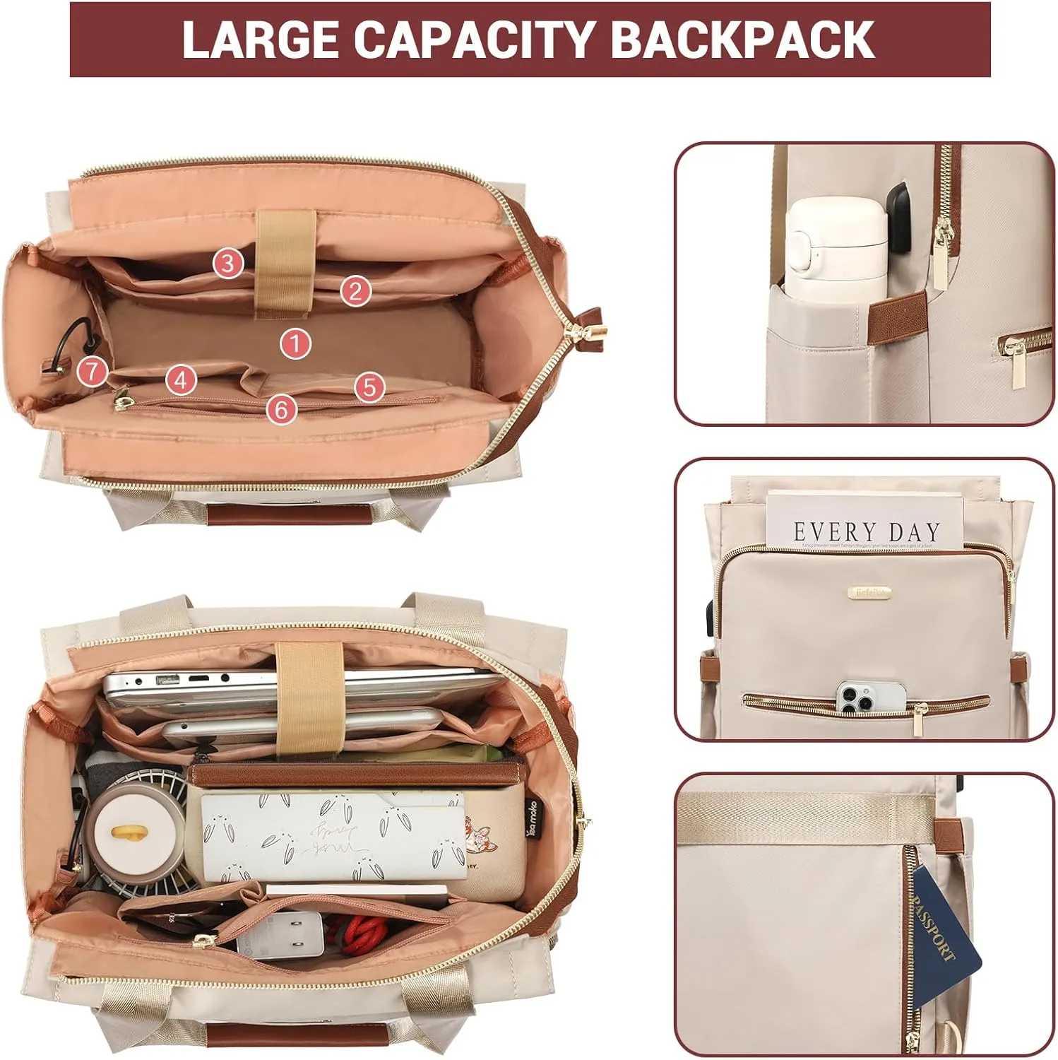 Laptop Backpack for Women, 15.6 Inch Laptop Bookbag with Hidden Shoulder Straps USB Charging Port, Convertible Tote Backpack for Teacher Nurse Work,Wide Open Computer Daypack for College Travel Casual