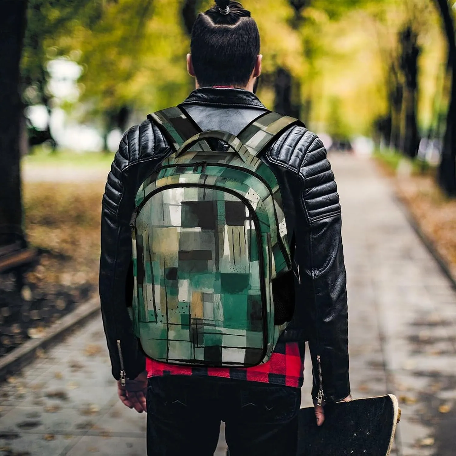 Laptop Backpack for Women Men Daypack Waterproof Green Square Pattern Computer Bag Business Work Bag for Travel