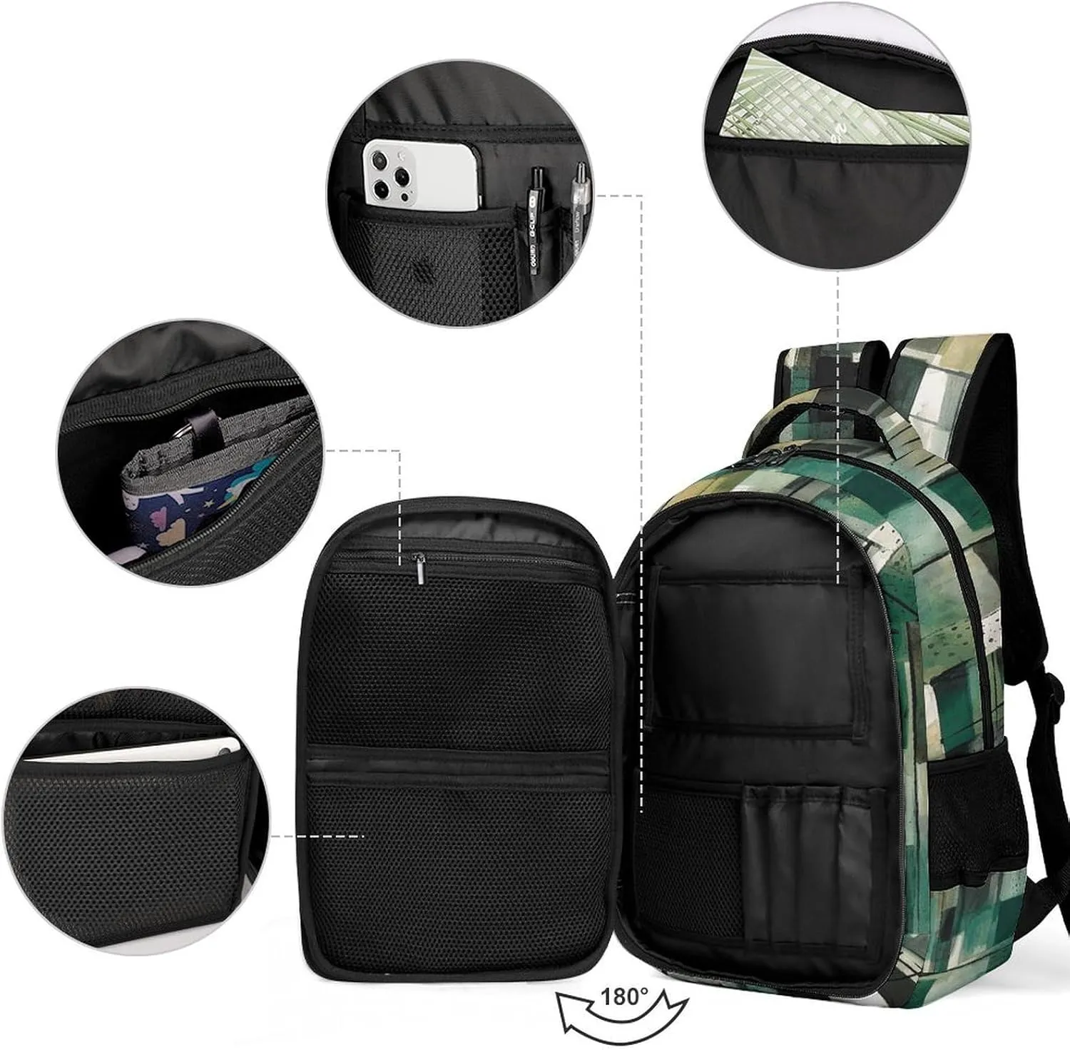 Laptop Backpack for Women Men Daypack Waterproof Green Square Pattern Computer Bag Business Work Bag for Travel