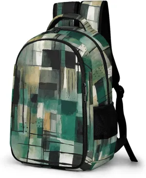 Laptop Backpack for Women Men Daypack Waterproof Green Square Pattern Computer Bag Business Work Bag for Travel