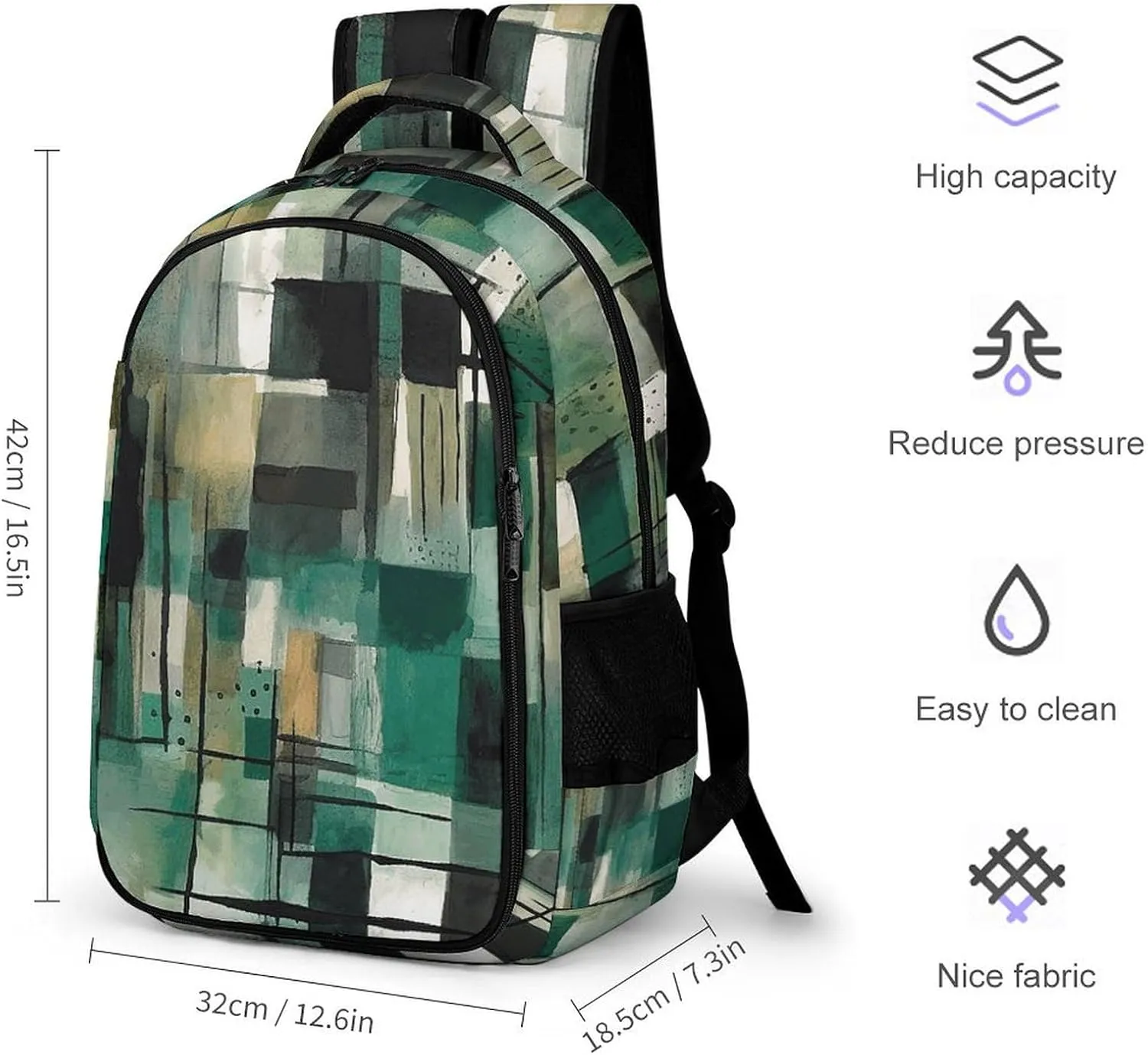 Laptop Backpack for Women Men Daypack Waterproof Green Square Pattern Computer Bag Business Work Bag for Travel